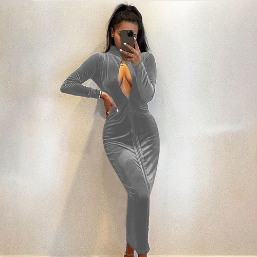 Wish 2024 European and American Fashion Women's Autumn New Elegant Evening Gown Dress Slim-Fit Sexy Hollow-Out Long Dress