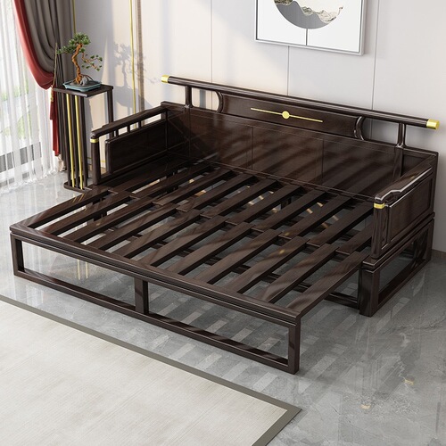 New Chinese-style Solid Wood Arhat Bed with Sliding Mechanism, Foldable Dual-Use Sofa Bed—Perfect for Small & Large Apartments, Offering Versatility and Functionality as a Two-Person Living Room Bed or Lounge Couch