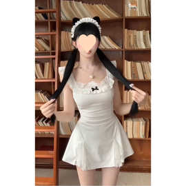 微胖甜辣妹小飞袖收腰字裙女夏纯欲初恋蕾丝短裙