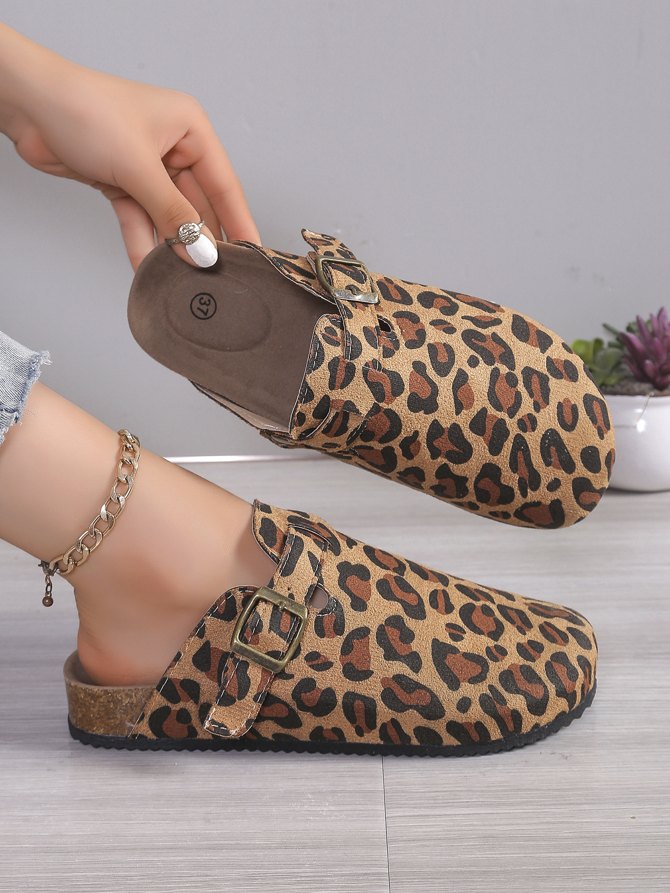 Baotou zapatillas mujer pareja corcho arrastre deseo transfronterizo más tamaño Comercio exterior zapatos romanos casuales medio arrastrado marea zapatos perezosos