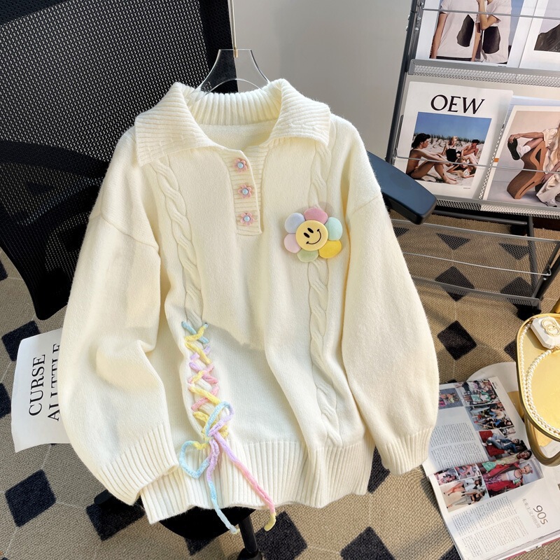 College Style Soft and Fresh Polo Collar Pullover Sweater for Female Students to Wear in Autumn and Winter Stereo Flower Knitted Tops College Style Soft and Fresh Polo Collar Pullover Sweater for Female Students to Wear in Autumn and Winter Stereo Flower Knitted Tops