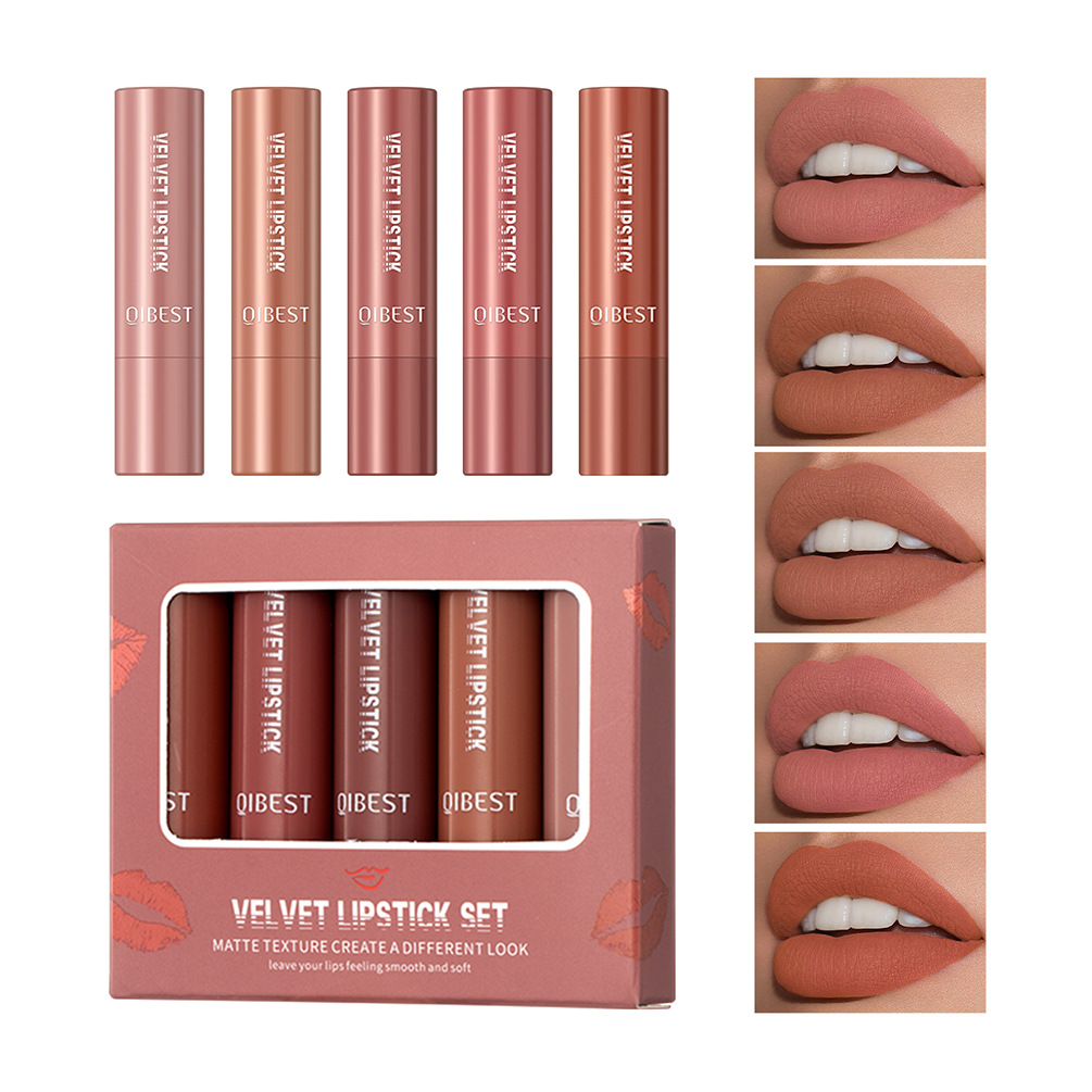 QIBEST matte velvet matte lipstick suit non-stick cup does not fade easy to color moisturizing lasting lipstick makeup