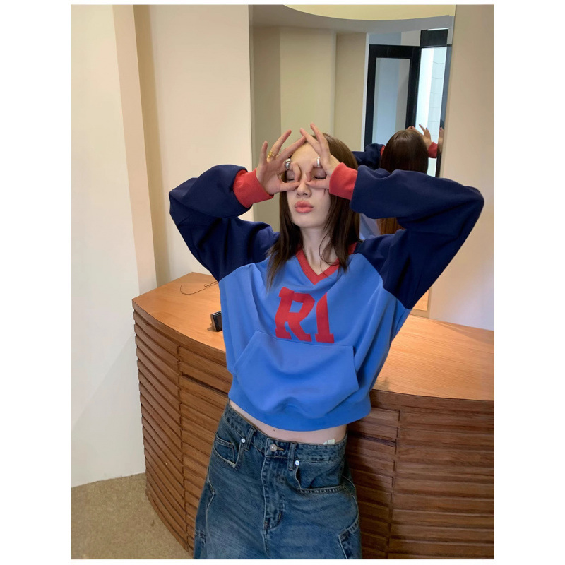 R1Dge Homemade Raglan Sleeve V-Neck Long-Sleeved Sweatshirt for Women Spring & Fall Korean Style Lazy Style Short Contrasting Letter Top