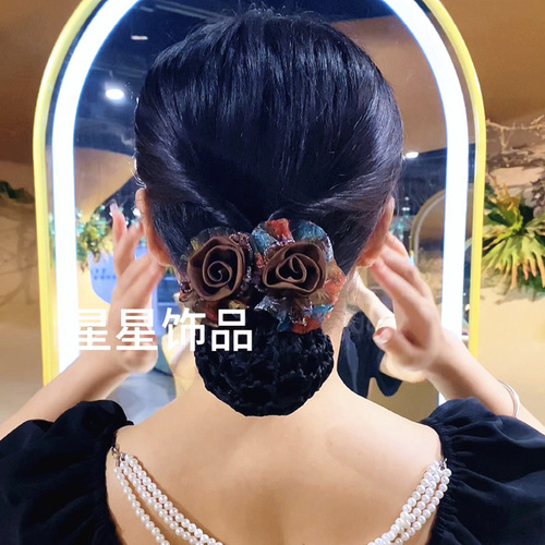 High-end Double-Flower Hairnet Ponytail Clip, Perfect for Taming Flyaways—Sleek Silk-Yarn Mesh Net with Elegant Top Flower Design, Plus a Chic Spring-Loaded Clip for Moms