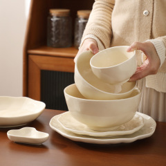 クリーム風食器セット 新デザイン 高級感あふれる食器セット 家庭用釉下彩陶器ボウルとプレート