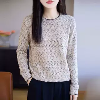 跨境圆领彩点杂纱镂空提花针织衫女早秋钩花宽松套头毛衣温柔长袖
