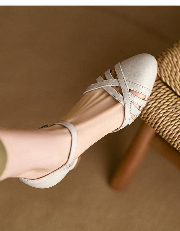 Sandal nữ quai hậu mũi nhọn retro da bò gót 5 cm kiểu La Mã — Màu trắng nhạt chi tiết 15