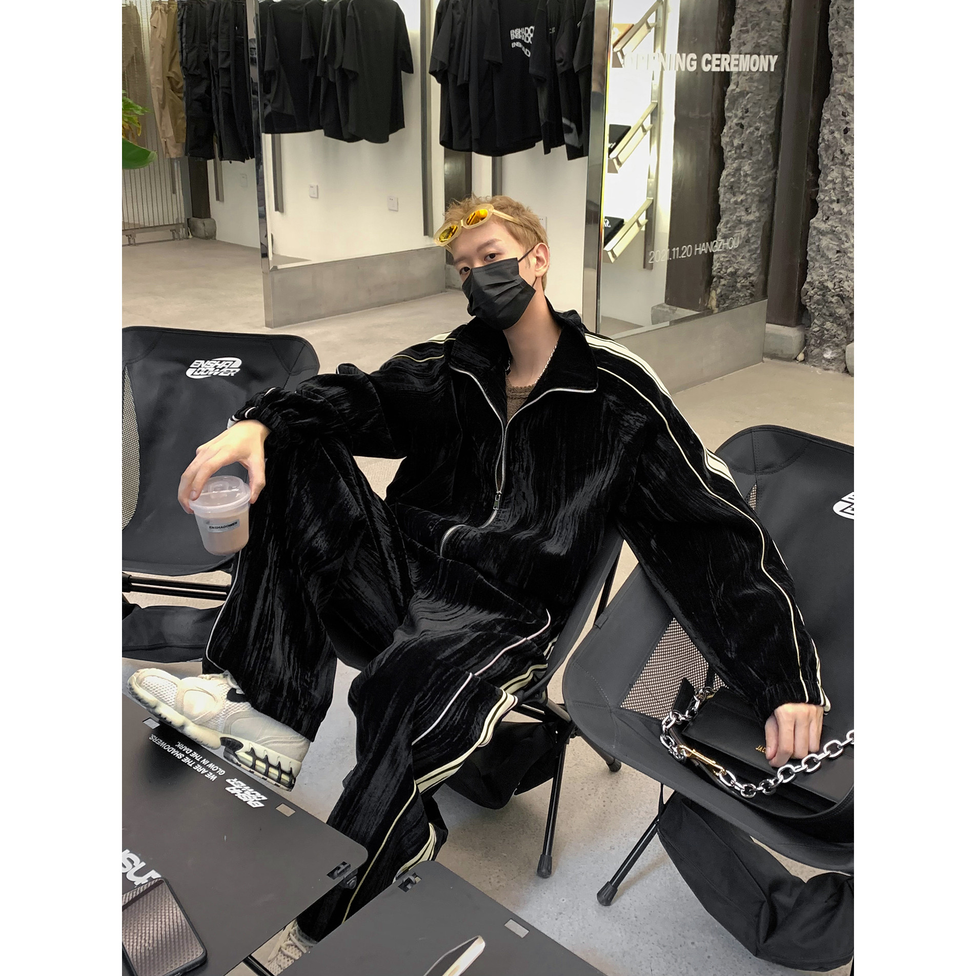 撞色条纹小众休闲运动套装男秋冬时髦设计感夹克外套情侣款