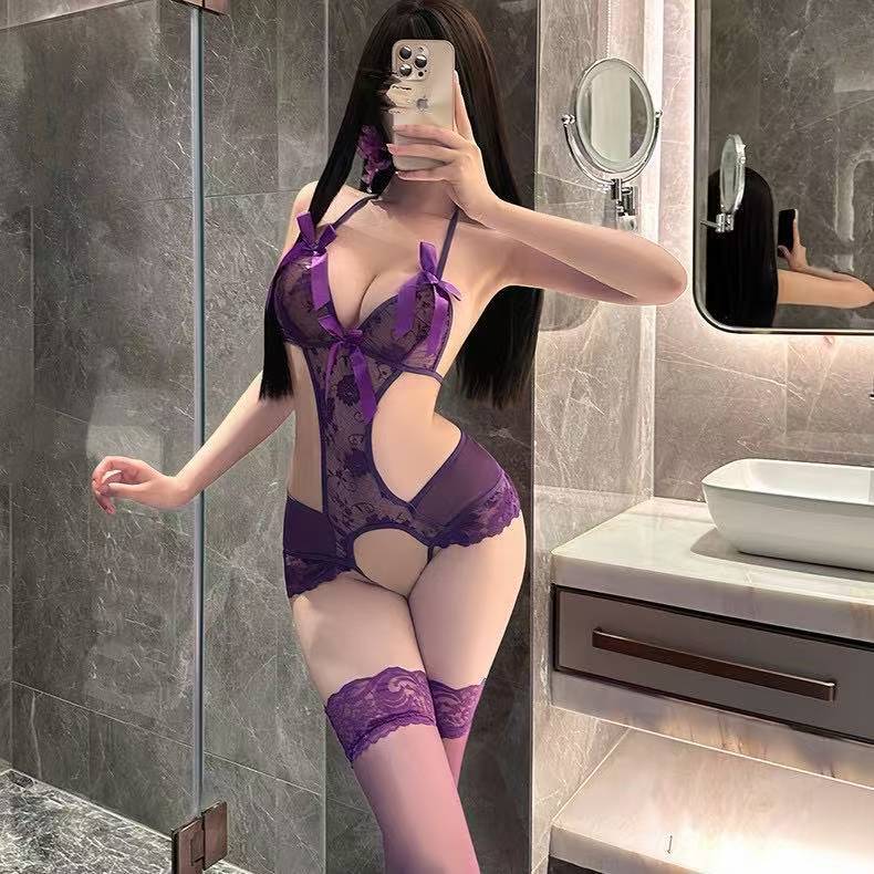 Lace Open-Crotch Bodysuit with Uniform-Style Detailing, One Size, Black — detail image 2