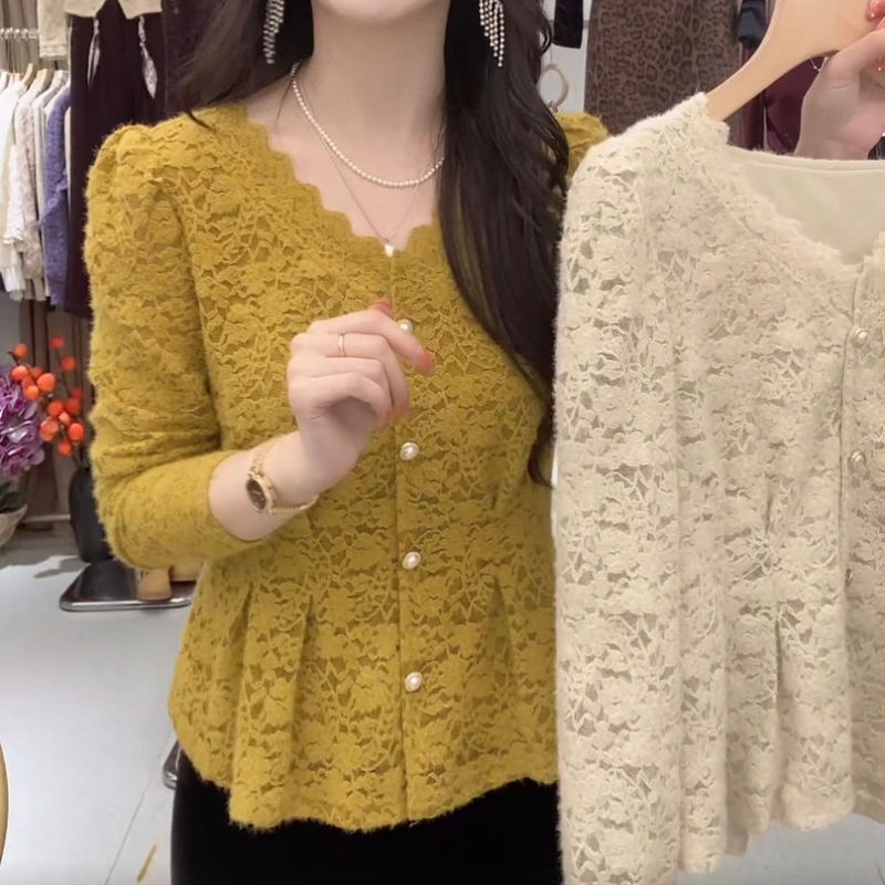 French-Style Age-Reducing Lace Blouse for Women, 2025 Autumn Fashion Versatile Slim Long-Sleeve V-Neck Lace