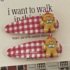 聖誕節薑餅人小熊~昭和風格子少女bb夾可愛聖誕帽童趣復古劉海夾