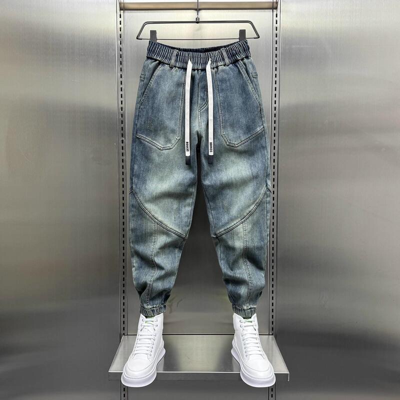 2025 Spring and Autumn New Trendy Washed Cotton Stretch Jeans for Young Men Nostalgic Blue Patchwork Cropped Jogger Harem Pants 2025 Spring and Autumn New Trendy Washed Cotton Stretch Jeans for Young Men Nostalgic Blue Patchwork Cropped Jogger Harem Pants