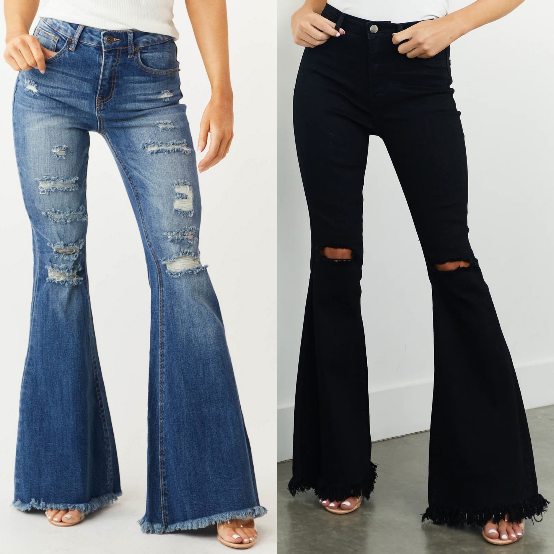 Jeans Acampanados para Mujer de Mezclilla de Algodón, Cintura Media, Alta Elasticidad, con Rotos, para Uso Diario