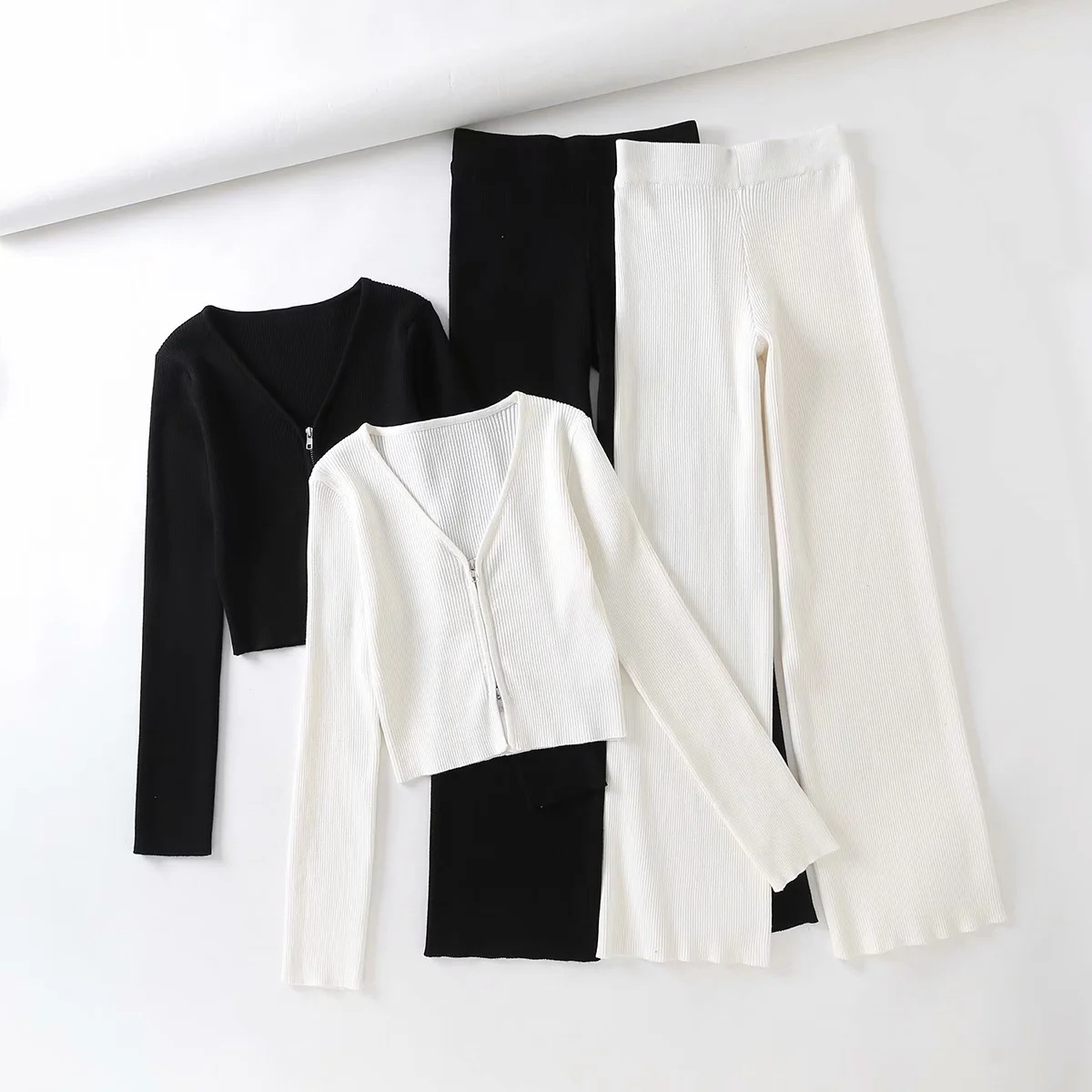 V-Neck Double Zipper Slim Knitted Top High Waist Straight Trousers Casual Suit NSAC20953