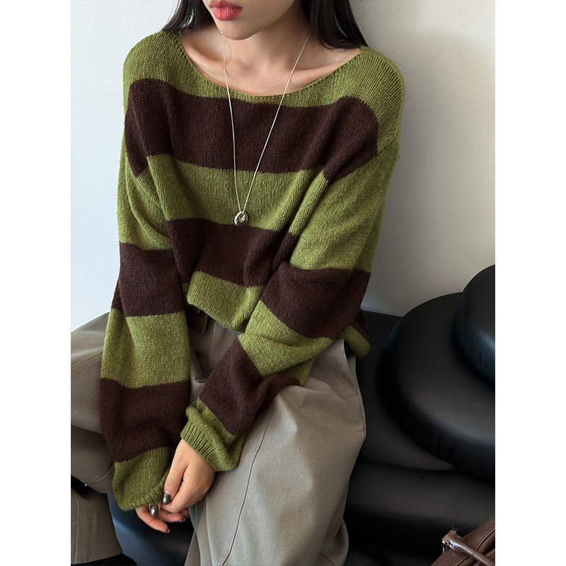 Orange and white autumn new arrivals: Korean-style striped short-sleeved sweater, loose-fitting round-neck pullover, style 2969