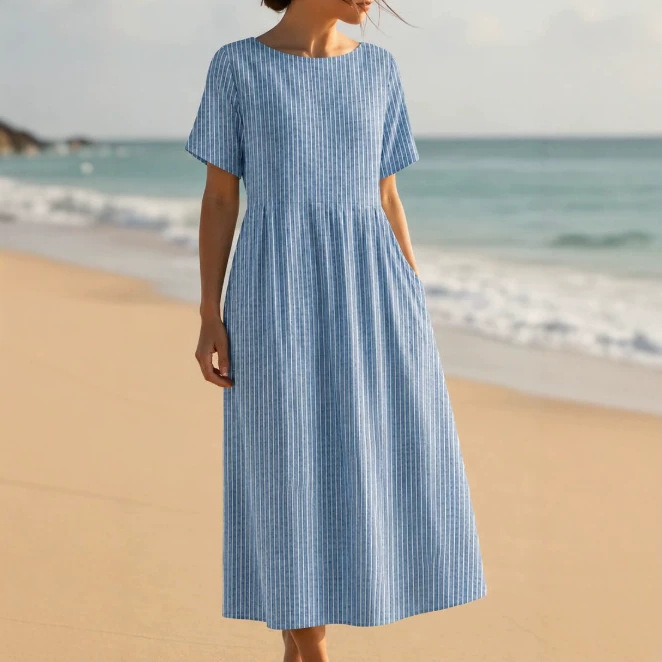 Cross-border women's dress, holiday mid-length striped linen dress, loose casual wear, 3D printed short sleeves