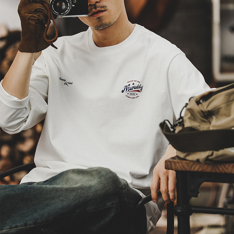 American Spring New Style 260g Heavyweight White T-Shirt Men's Long-Sleeved Men's 2025 New Trendy Brand Loose Bottoming Shirt