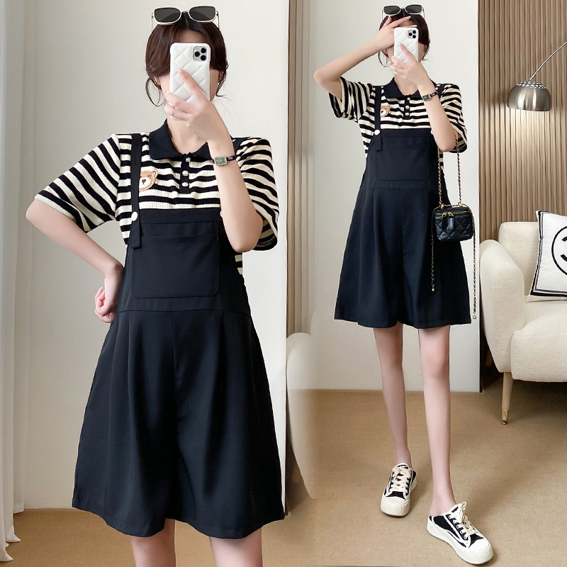 2023 Summer new pregnancy/lactation two wear fashion versatile slim striped top + casual suspenders suit