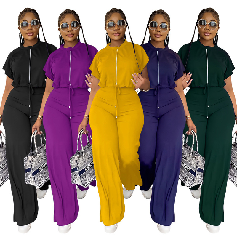 Cross-border European and American women's clothing Amazon AliExpress hot summer drawstring short top high waist split trousers two-piece set