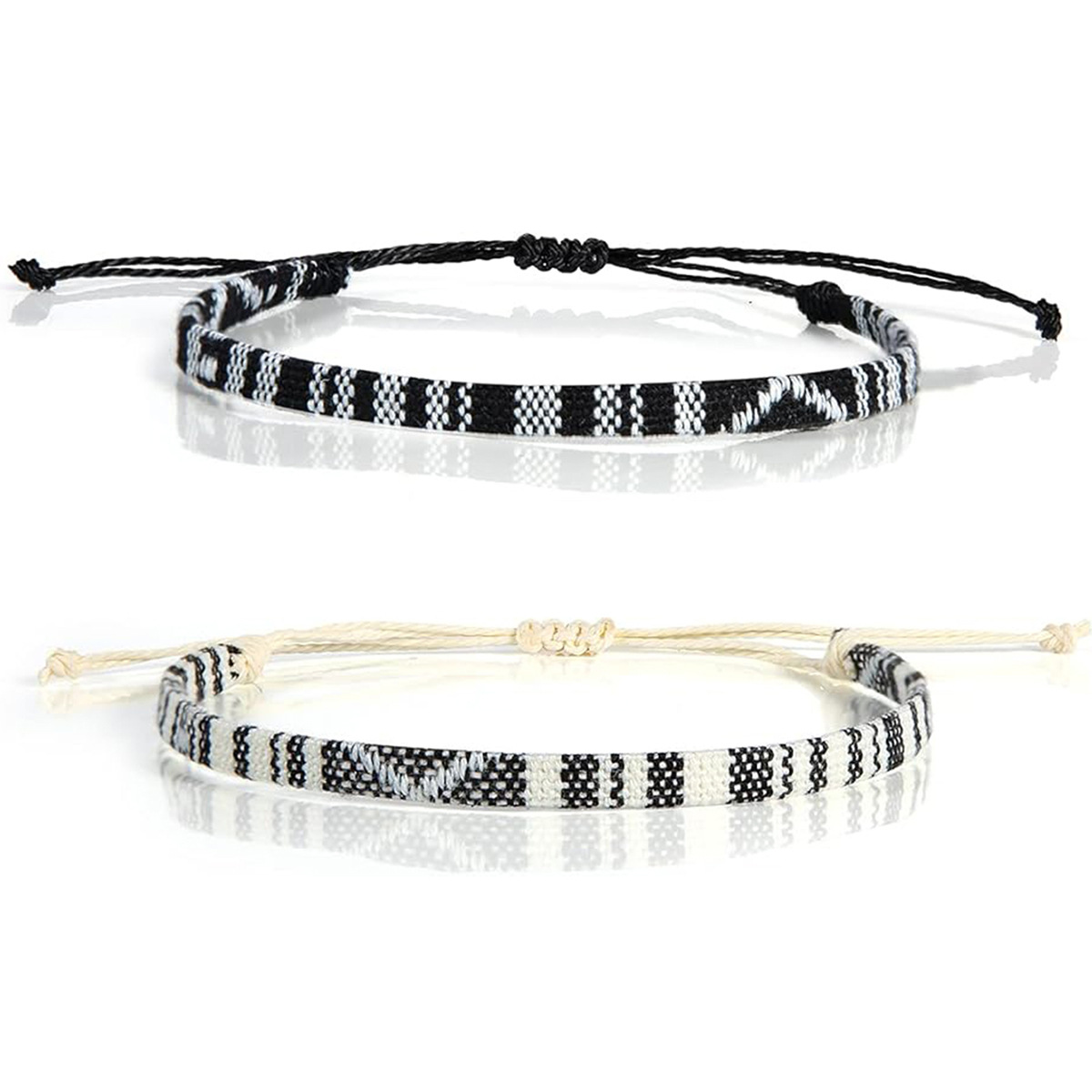 European and American cross-border vintage woven bracelet, black and white geometric cotton-linen handmade braid, surf-style friendship adjustable pull-string bracelet