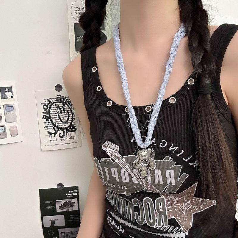 法式优雅花朵吊坠项链蓝色丝带编织毛衣链个性时尚潮流锁骨链颈链|undefined