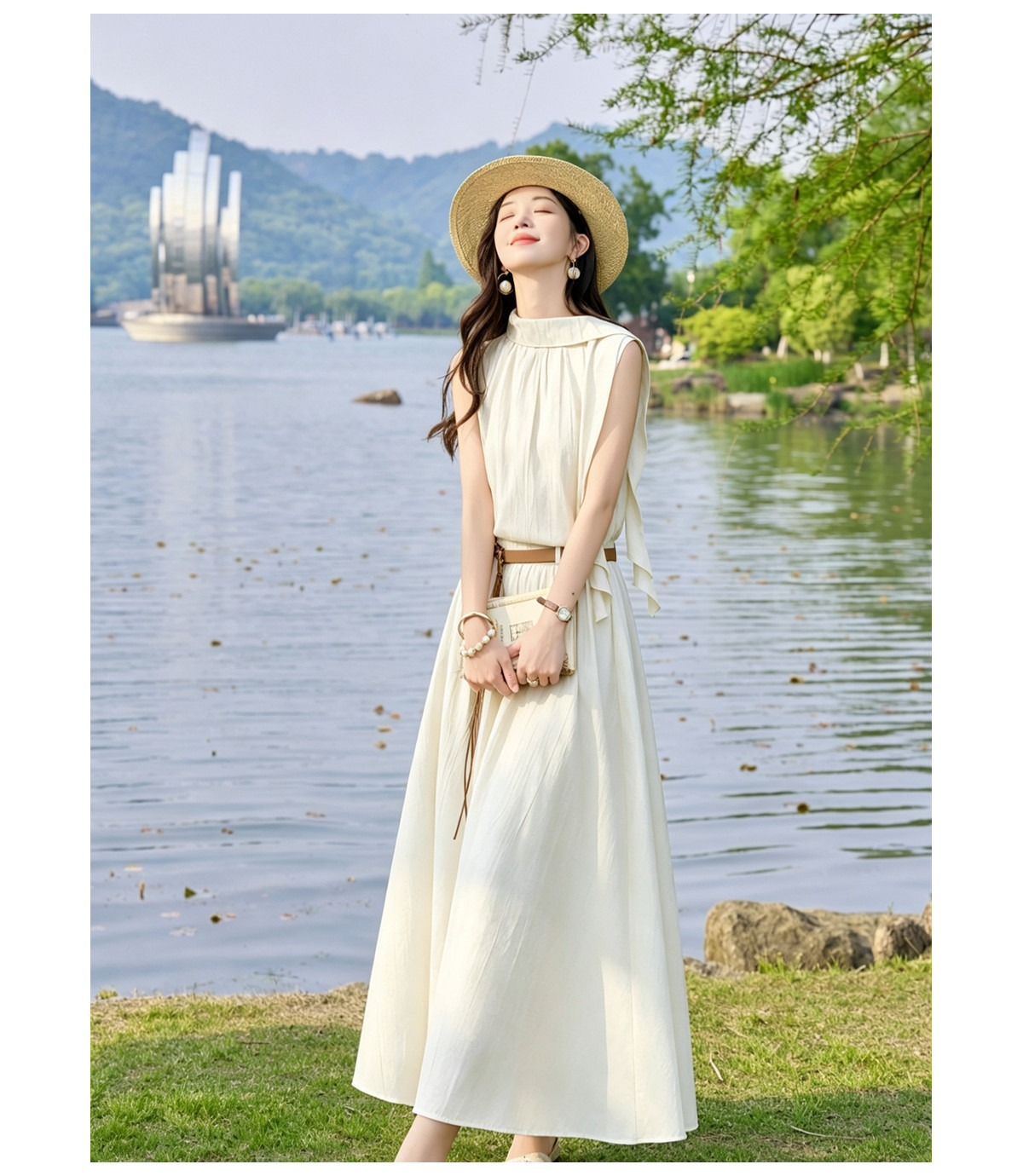 Bộ hai mảnh gồm áo không tay và chân váy midi phong cách thanh lịch — màu đen, màu trắng ngà, xanh lá cây chi tiết 20