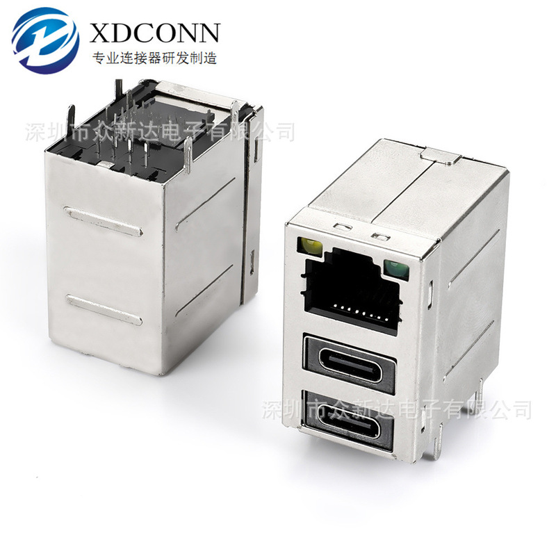 Rj45 Network Port + Type Female Two-In-One Integrated 90-Degree Plug-In Board with Led Light L=27.5Mm Horizontal Three-Layer