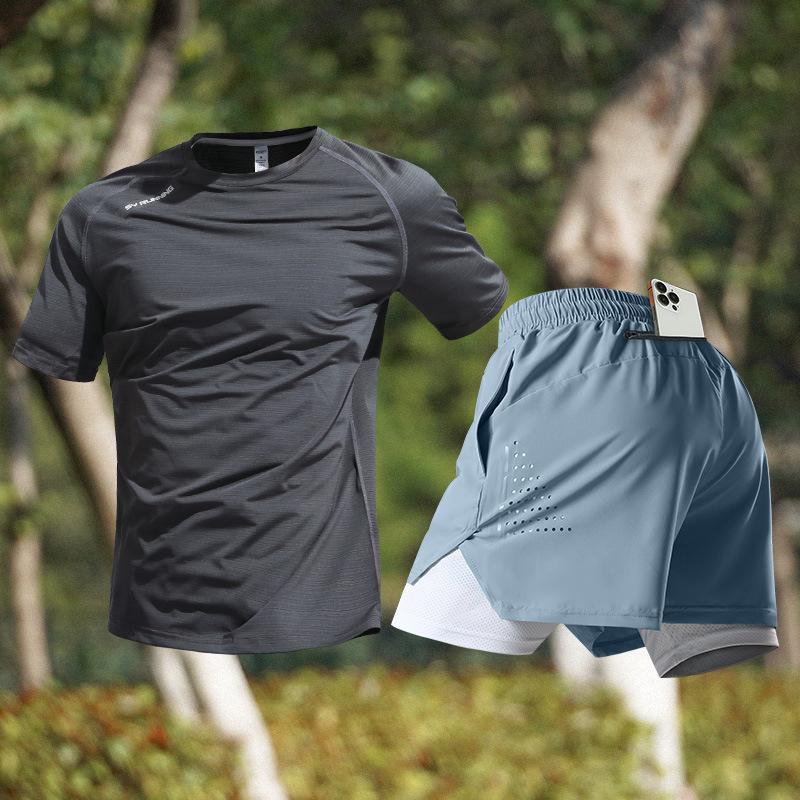 スポーツスーツメンズアイスシルクTシャツ夏薄手速乾半袖トレーニングランニング用品フィットネス服新しいスタイル|undefined