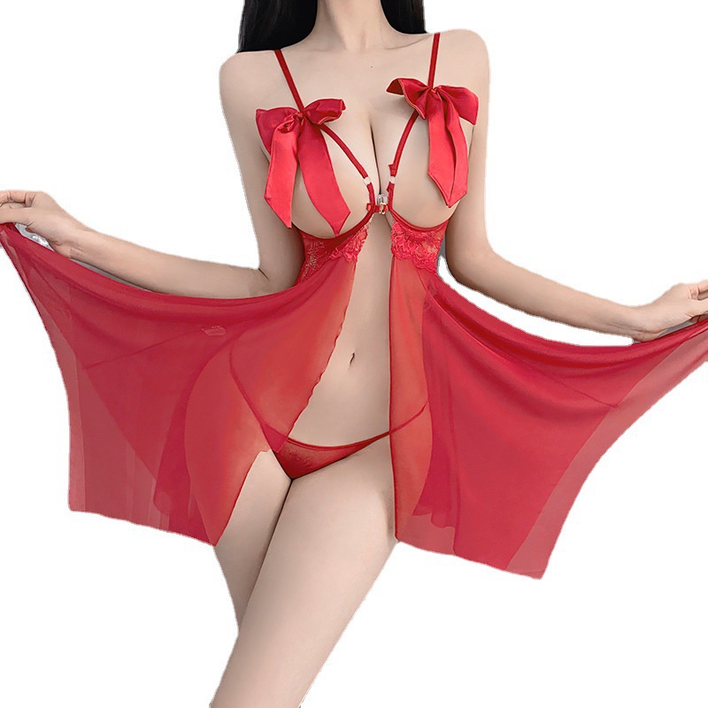 Lencería sexy caliente de las mujeres transparente inicio suspender vestido pijamas puro deseo camisón backless arco A323