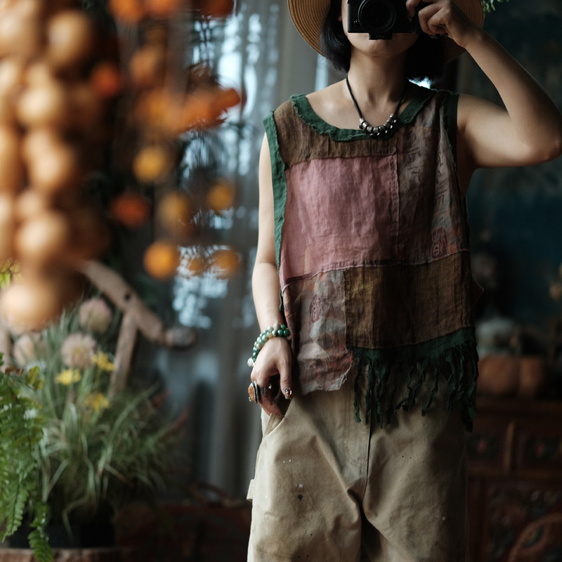 Vintage-Style Custom Retro Artistic Ramie Patchwork New Chinese-Style Vest 2235 Floral Patch