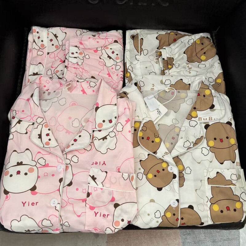 Yibububu couple's summer pajamas, pure cotton short-sleeve three-piece set, cartoon casual home wear for one man and one woman