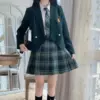 Women's white long shirt + forest letter plaid skirt + tie + dark green shorts + Token badge