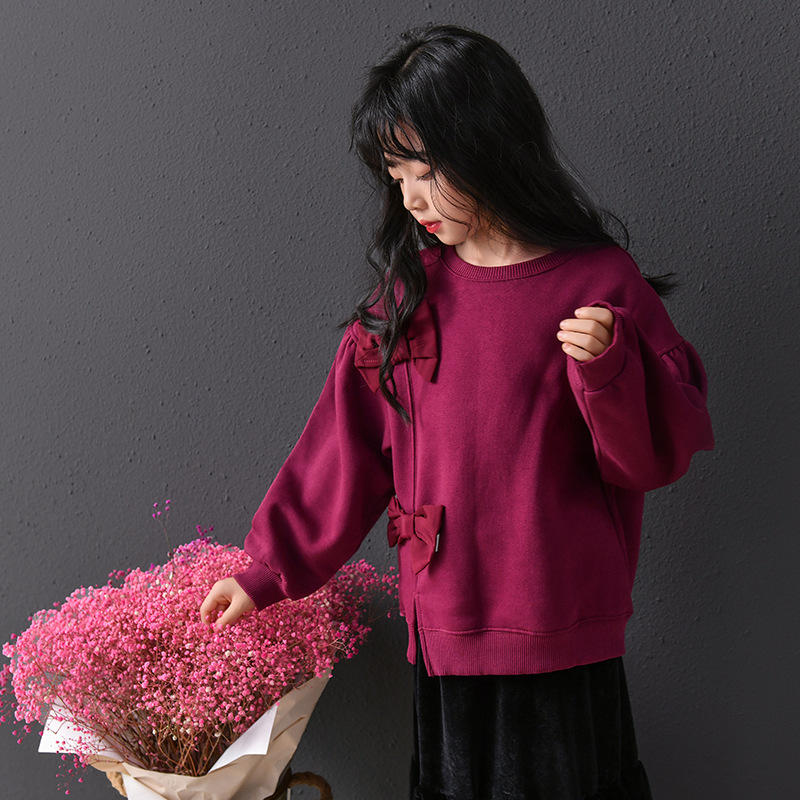 Suéter granate con lazo de terciopelo, nuevo suéter suelto de cuello redondo, falda negra de terciopelo fino