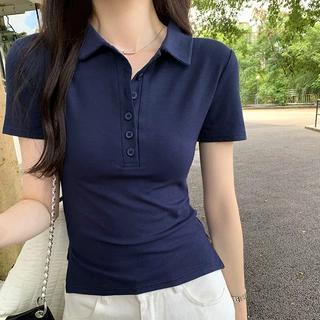 实拍韩系小众翻领短袖t恤女2024夏季新款美式正肩显瘦polo衫67641
