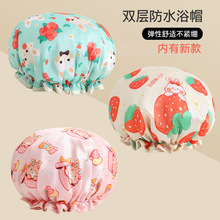 亚马逊双层浴帽女成人卡通防水加厚洗澡可爱色丁洗头帽淋浴帽批发