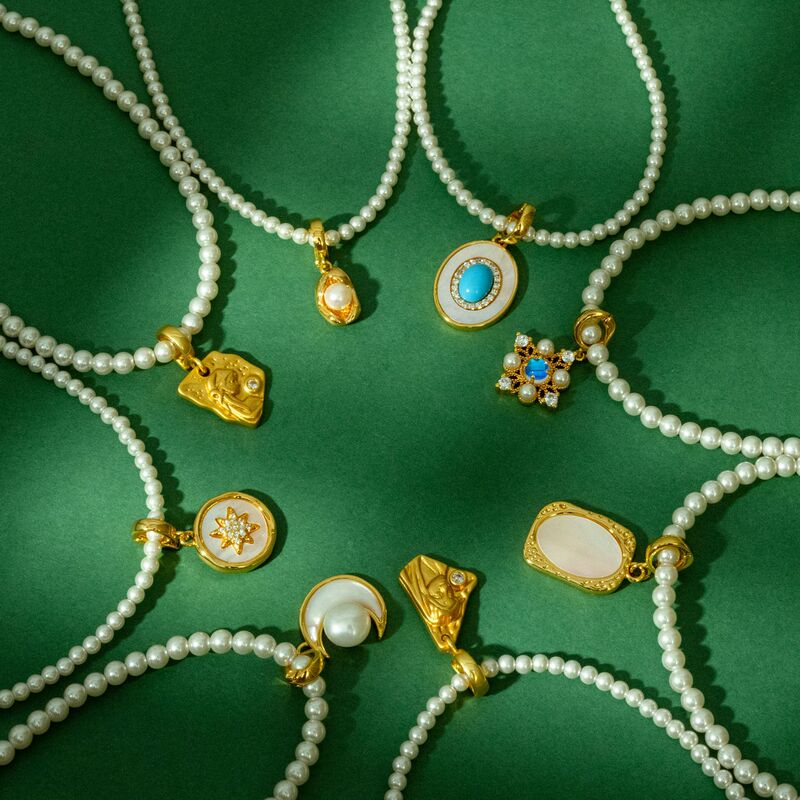 French-Style Retro Fun Detachable DIY Roman Mirror Gold Pea Greek Goddess Pendant Charm Pearl Necklace Trendy