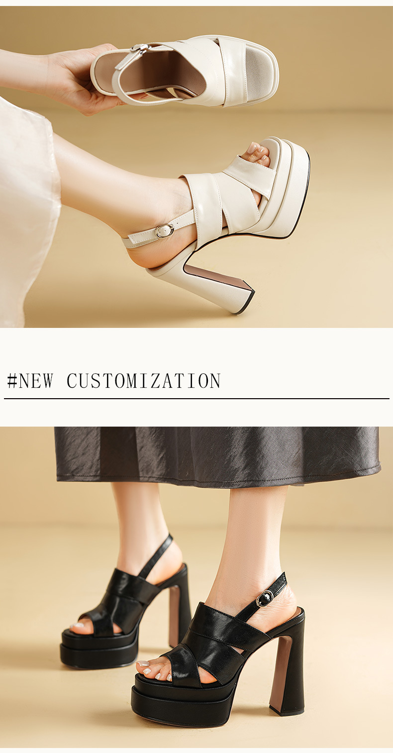 Giày sandal cao gót nữ hở mũi đế dày da dê quai một chữ gót vuông phong cách Âu Mỹ — đen chi tiết 3