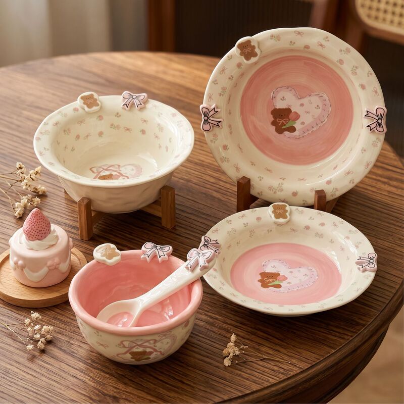 Korean New Style Girly Heart-Shaped Floral Bear Ceramic Tableware Ins Korean Style Dinner Plate Salad Rice Bowl Noodle Bowl Pink Korean New Style Girly Heart-Shaped Floral Bear Ceramic Tableware Ins Korean Style Dinner Plate Salad Rice Bowl Noodle Bowl Pink