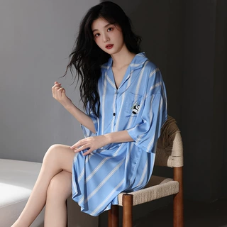 睡裙女夏季冰丝短袖薄款开衫条纹睡衣裙子高级感夏天仿真丝绸中裙