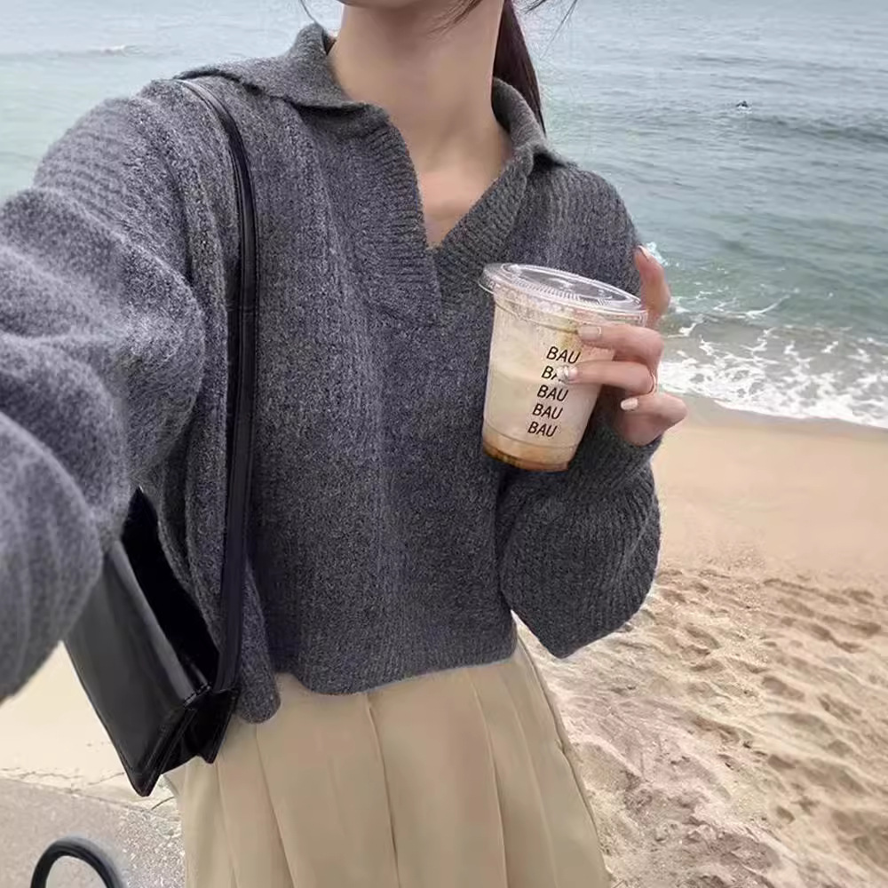 Chico coreano otoño invierno nicho perezoso viento medio abierto cuello suave glutinoso relajado casual versátil manga larga jersey mujer image 5
