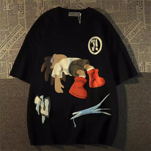 American-style retro hip-hop cartoon short-sleeve T-shirt for women, summer, loose-fit, trendy brand, European/American high-street style—versatile half-sleeve top for couples.