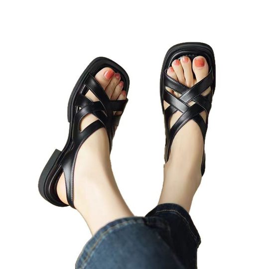 Open Toe Sandals Women's 2025 New Summer Simple Low Heel Strap Woven Cross Roman Sandals plus size