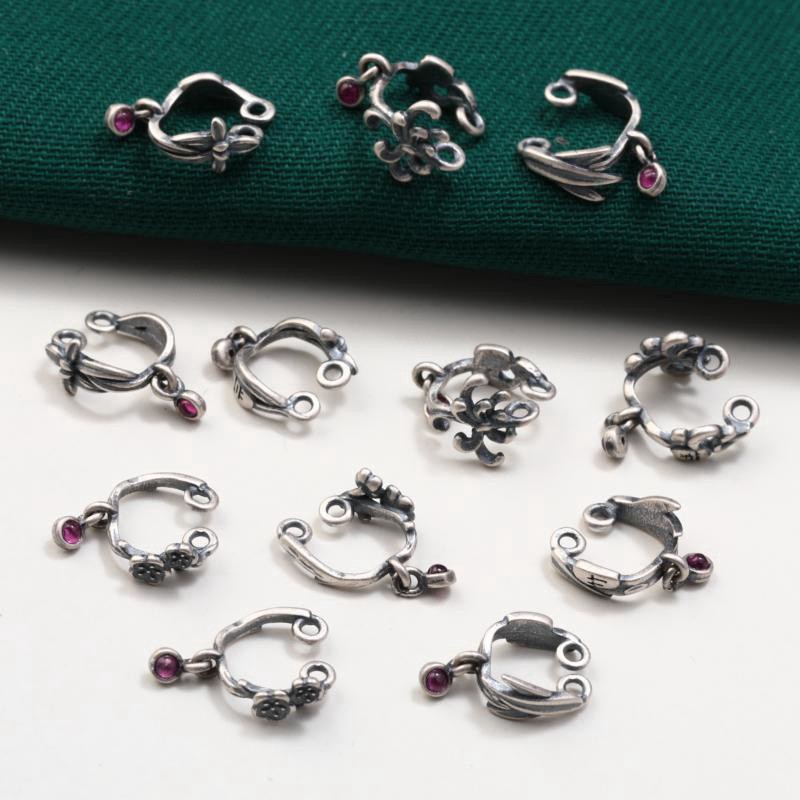 S925 Sterling Silver Bamboo Orchid Plum Chrysanthemum Flower Clip Pendant Accessories Vintage Old Ink Black Earrings Key Button