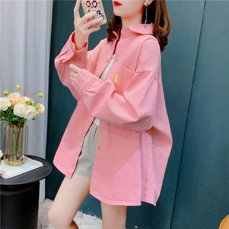 Candy Color Hong Kong Style Denim Shirt Women's Spring and Autumn New Large Size Loose High-grade Long Sleeve Shirt Coat Top