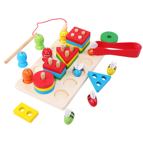 Children's educational two-in-one four-set column stacking toys early education geometric shape matching Montessori set of column fishing toys