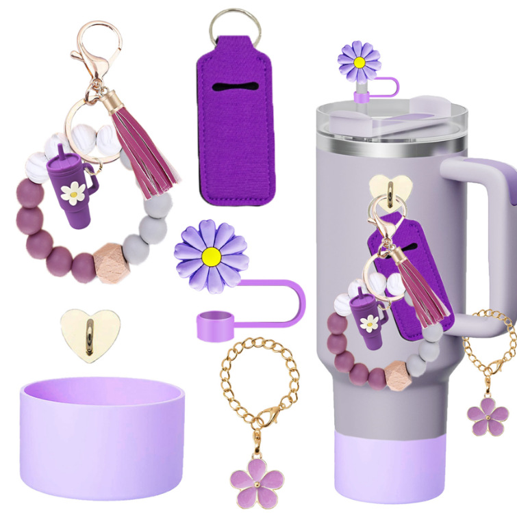 Amazon taza de calor cuentas brazalete llavero botella de agua colgante margarita gorra de paja flor colgante taza cubierta