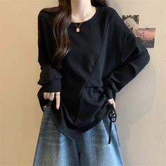 韩系不规则正肩长袖卫衣女秋冬新款小众抽绳绑带宽松显瘦圆领上衣