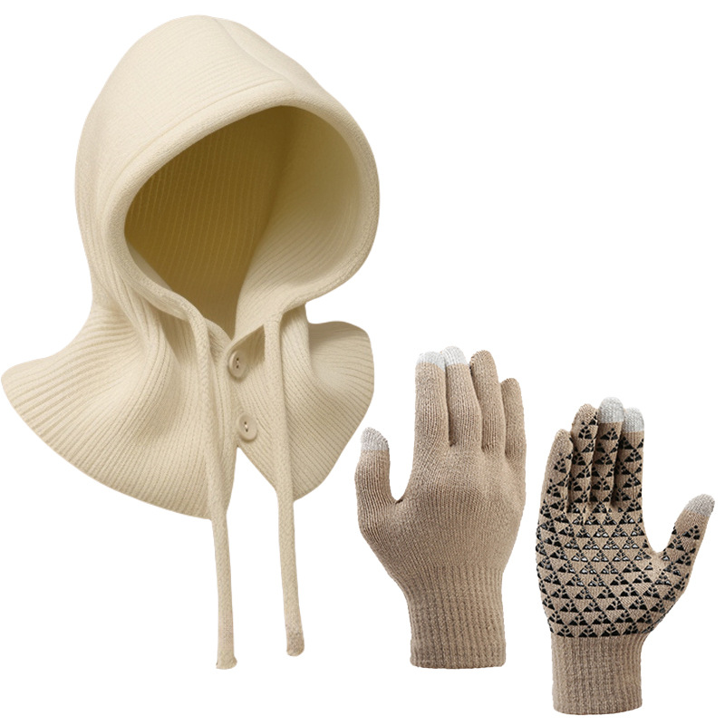2 Piece Set New Winter Hat Touch Screen Gloves Autumn And Winter Pullover Shawl Thick Warm Neck Scarf Knitted Headband_voghion.com