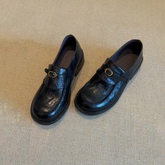 法式复古扣带乐福鞋女2025新款圆头粗跟单鞋拼色英伦一脚蹬小皮鞋