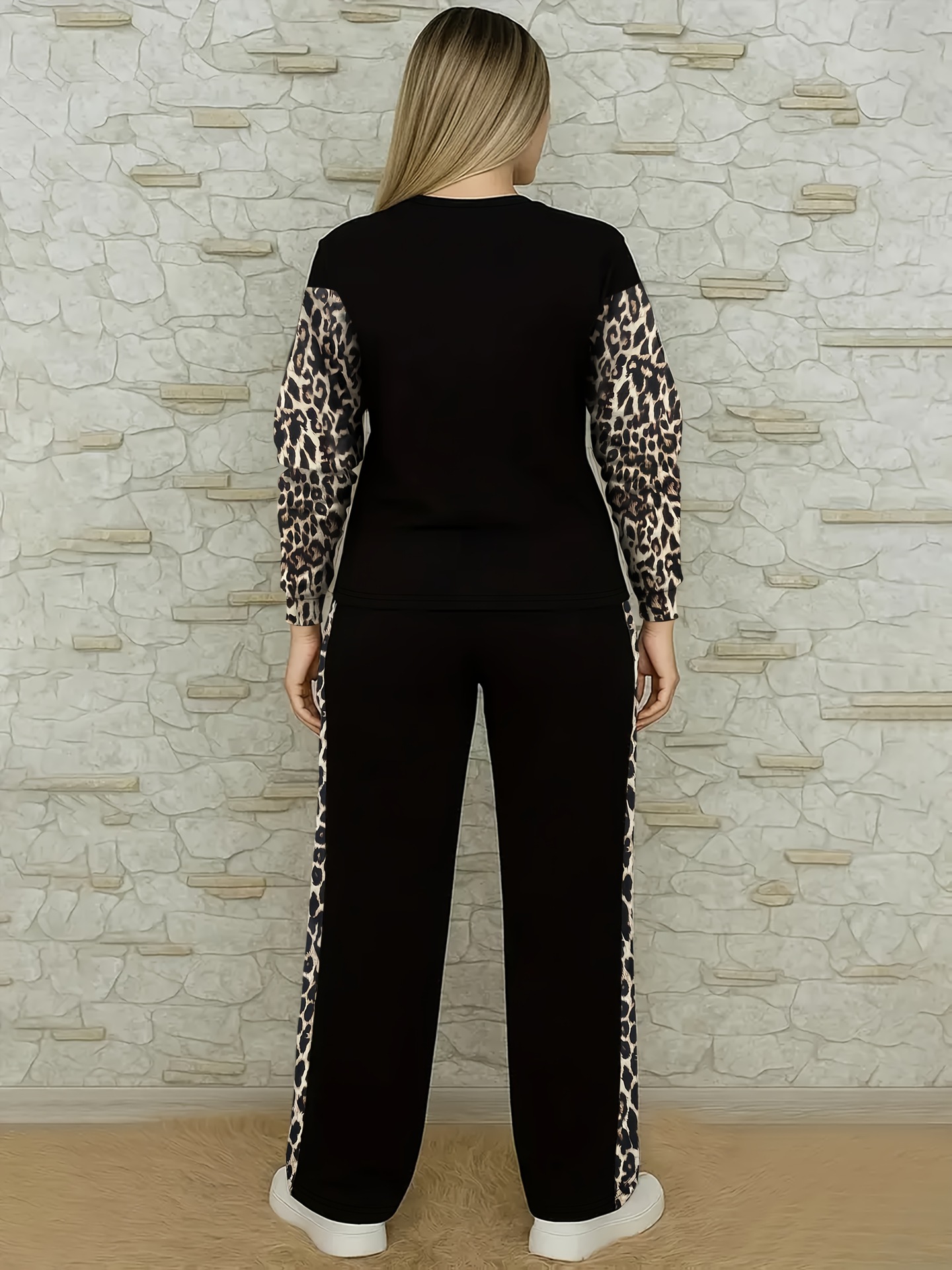 Women's Leopard Print Two Piece Set Crew Neck Top & High Waisted Trousers European American Style Trendy Winter Outfit_ecoleips.com